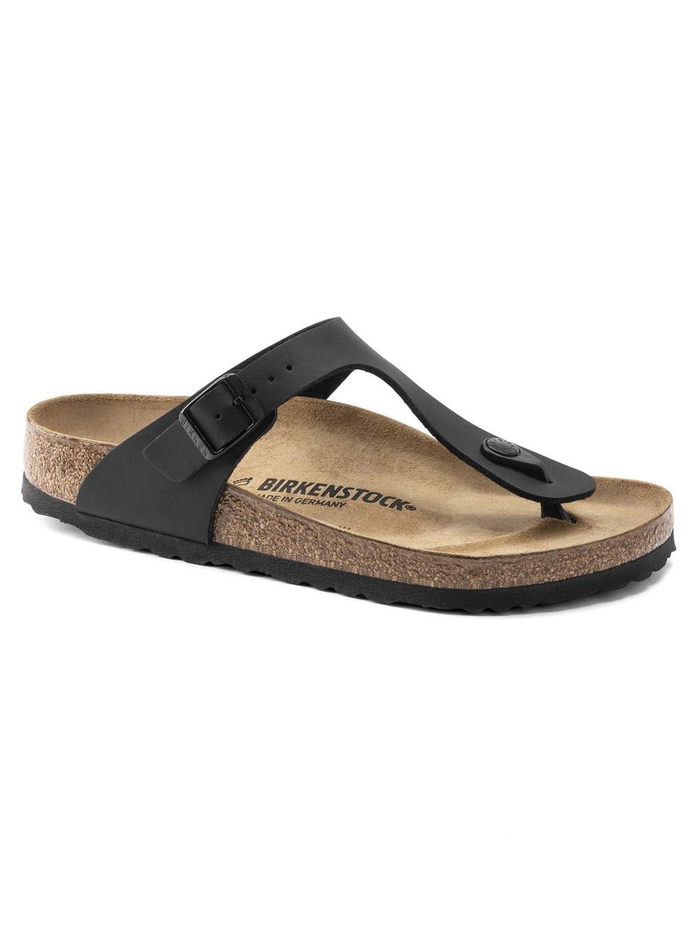 Birkenstock Black Leather Toe-Post Sandal with Cork Footbed